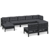 9 Piece Garden Lounge Set with Cushions Black Pinewood - Front View