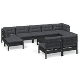 10 Piece Garden Lounge Set with Cushions Black Pinewood - Front View