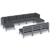 10 Piece Garden Lounge Set with Cushions Grey Pinewood