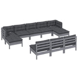 10 Piece Garden Lounge Set with Cushions Grey Pinewood