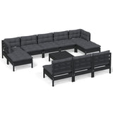 11 Piece Garden Lounge Set with Cushions Black Pinewood - Front View