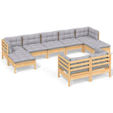9 Piece Garden Lounge Set with Grey Cushions Solid Pinewood - Front View