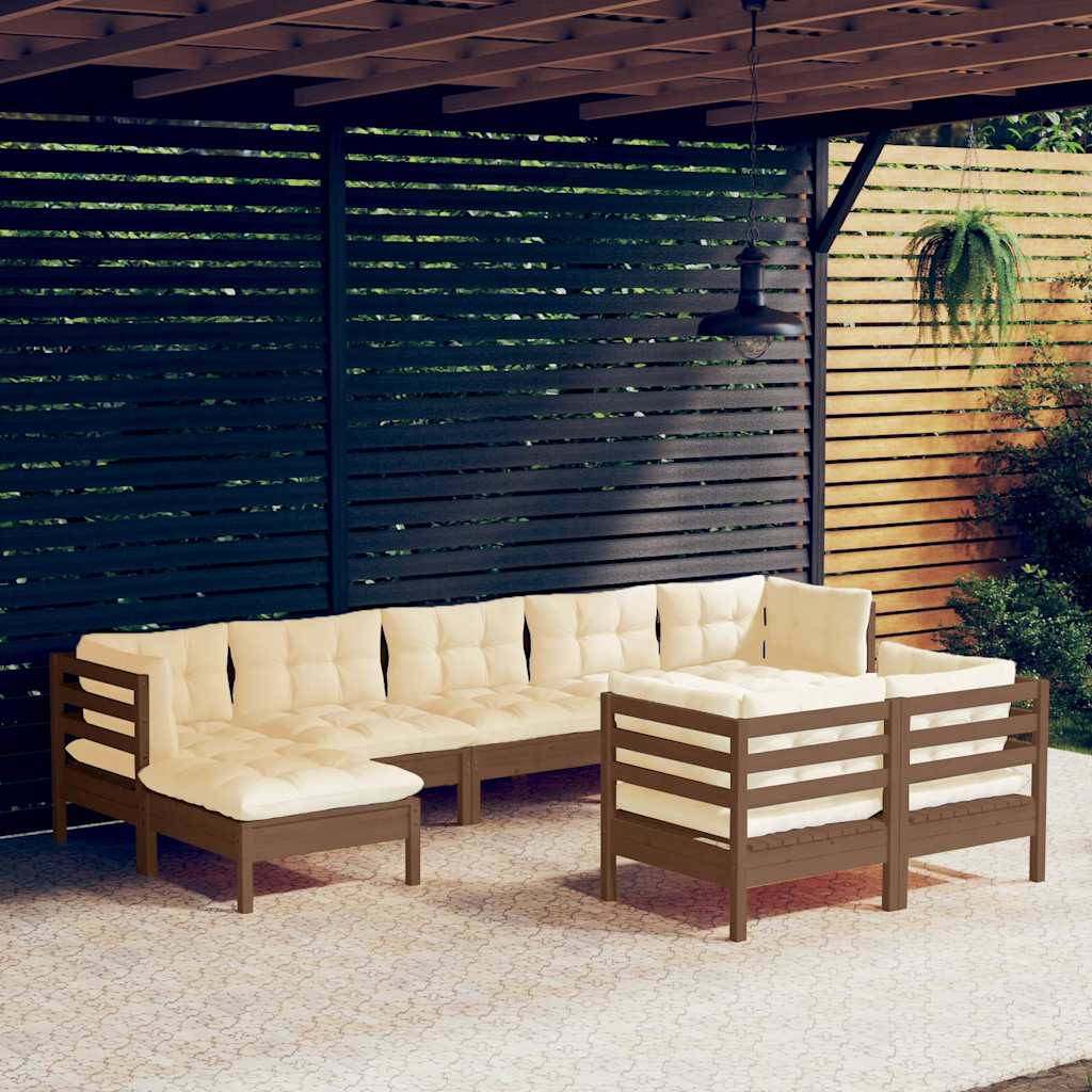 9 Piece Garden Lounge Set with Cushions Honey Brown Pinewood