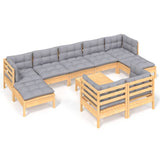 10 Piece Garden Lounge Set with Grey Cushions Solid Pinewood - Front View