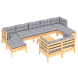 10 Piece Garden Lounge Set with Grey Cushions Solid Pinewood - Side View