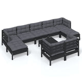 10 Piece Garden Lounge Set with Cushions Black Solid Pinewood - Front View
