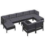 10 Piece Garden Lounge Set with Cushions Black Solid Pinewood - Side View