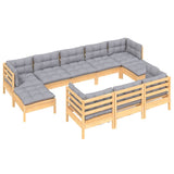 10 Piece Garden Lounge Set with Grey Cushions Solid Pinewood - Side View