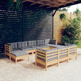 10 Piece Garden Lounge Set with Grey Cushions Solid Pinewood