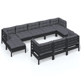 10 Piece Garden Lounge Set with Cushions Black Solid Pinewood - Front View