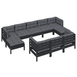 10 Piece Garden Lounge Set with Cushions Black Solid Pinewood - Side View