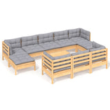 11 Piece Garden Lounge Set with Grey Cushions Solid Pinewood - Front View