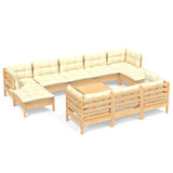 11 Piece Garden Lounge Set with Cream Cushions Solid Pinewood - Front View