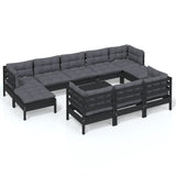 11 Piece Garden Lounge Set with Cushions Black Solid Pinewood - Front View