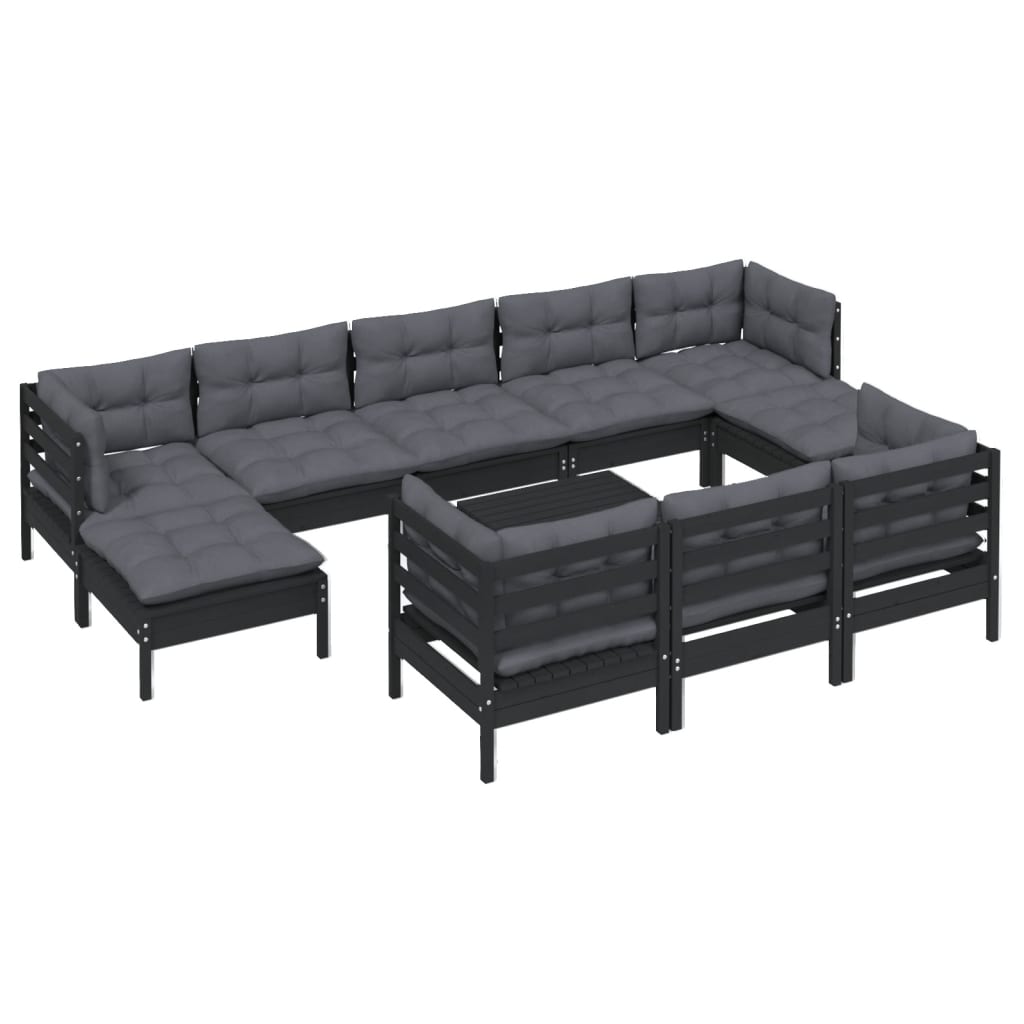 11 Piece Garden Lounge Set with Cushions Black Solid Pinewood