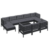 11 Piece Garden Lounge Set with Cushions Black Solid Pinewood