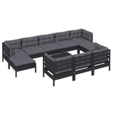 11 Piece Garden Lounge Set with Cushions Black Solid Pinewood - Side View