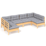 6 Piece Garden Lounge Set with Grey Cushions Solid Pinewood - Front View