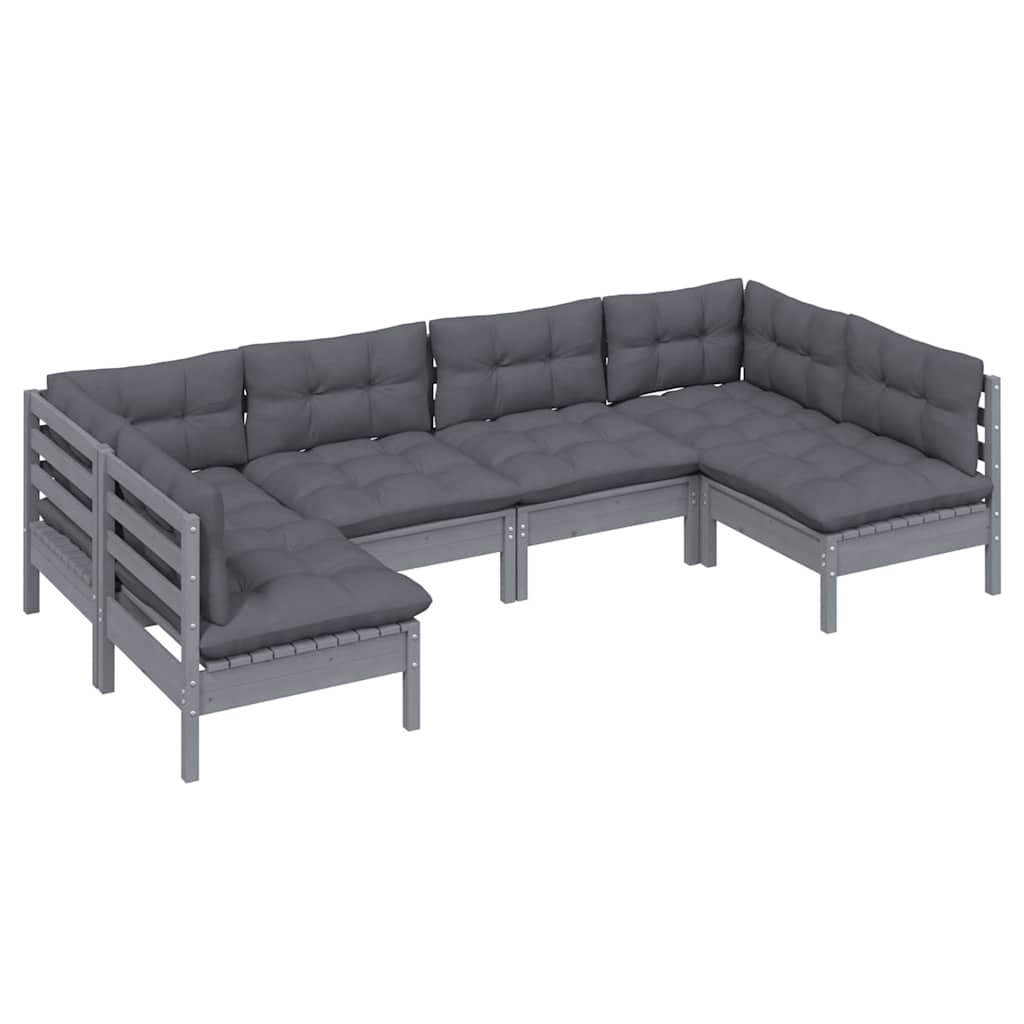 6 Piece Garden Lounge Set with Cushions Grey Solid Pinewood