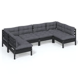 6 Piece Garden Lounge Set with Cushions Black Solid Pinewood - Front View