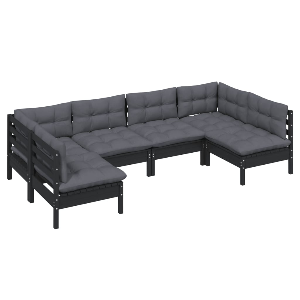 6 Piece Garden Lounge Set with Cushions Black Solid Pinewood
