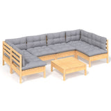 7 Piece Garden Lounge Set with Grey Cushions Solid Pinewood - Front View