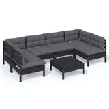7 Piece Garden Lounge Set with Cushions Black Solid Pinewood - Front View