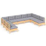 9 Piece Garden Lounge Set with Grey Cushions Solid Pinewood - Front View