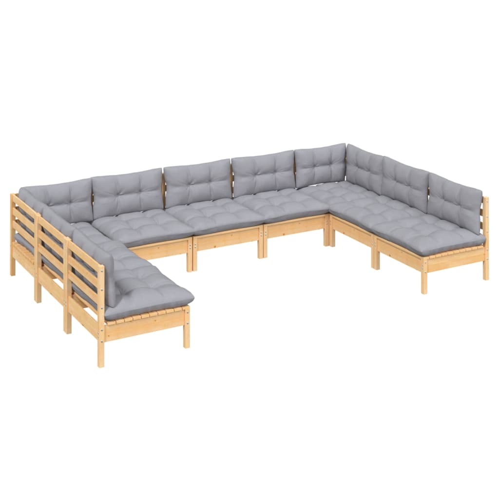 9 Piece Garden Lounge Set with Grey Cushions Solid Pinewood