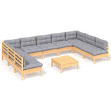 10 Piece Garden Lounge Set with Grey Cushions Solid Pinewood - Front View