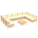 10 Piece Garden Lounge Set with Cream Cushions Solid Pinewood