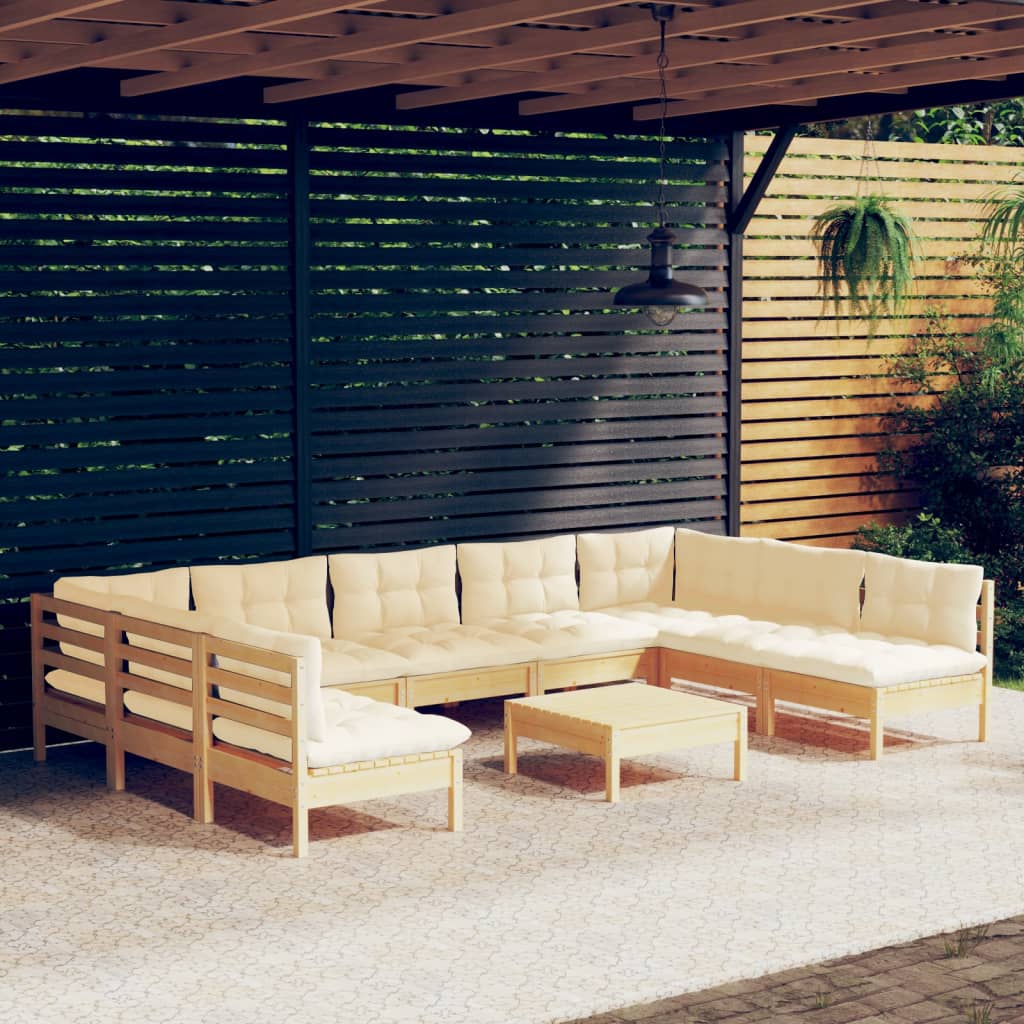 10 Piece Garden Lounge Set with Cream Cushions Solid Pinewood