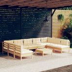 10 Piece Garden Lounge Set with Cream Cushions Solid Pinewood