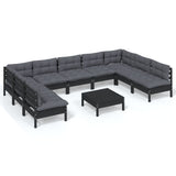 10 Piece Garden Lounge Set with Cushions Black Solid Pinewood - Front View