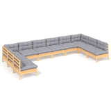 10 Piece Garden Lounge Set with Grey Cushions Solid Pinewood - Front View