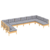 10 Piece Garden Lounge Set with Grey Cushions Solid Pinewood - Side View