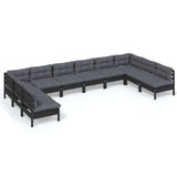 10 Piece Garden Lounge Set with Cushions Black Solid Pinewood - Front View