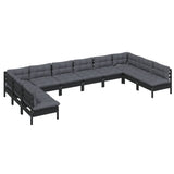 10 Piece Garden Lounge Set with Cushions Black Solid Pinewood