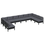 10 Piece Garden Lounge Set with Cushions Black Solid Pinewood
