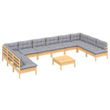11 Piece Garden Lounge Set with Grey Cushions Solid Pinewood - Side View
