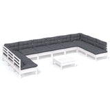 11 Piece Garden Lounge Set with Cushions White Solid Pinewood - Front View