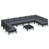 11 Piece Garden Lounge Set with Cushions Black Solid Pinewood - Front View