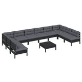 11 Piece Garden Lounge Set with Cushions Black Solid Pinewood - Side View