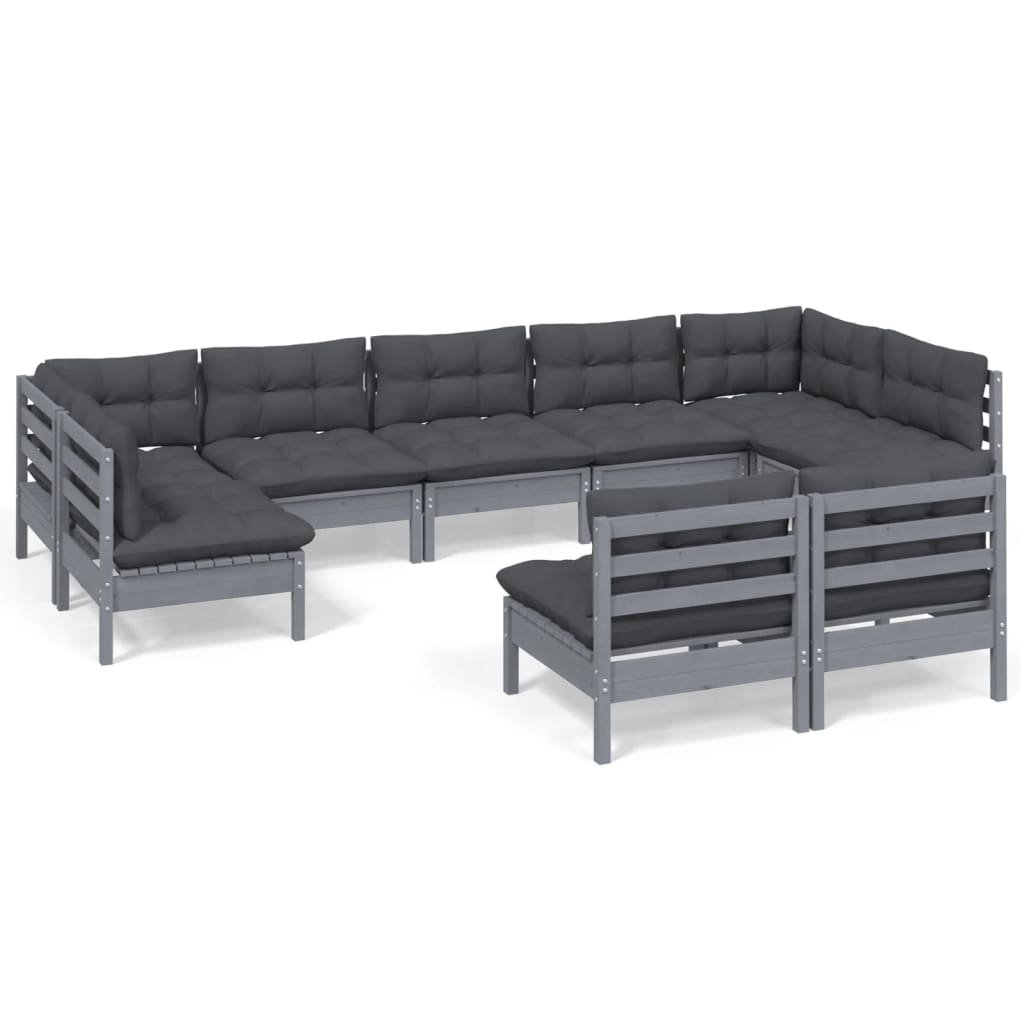 9 Piece Garden Lounge Set with Cushions Grey Solid Pinewood