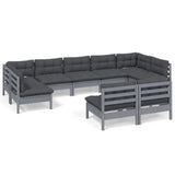9 Piece Garden Lounge Set with Cushions Grey Solid Pinewood - Front View