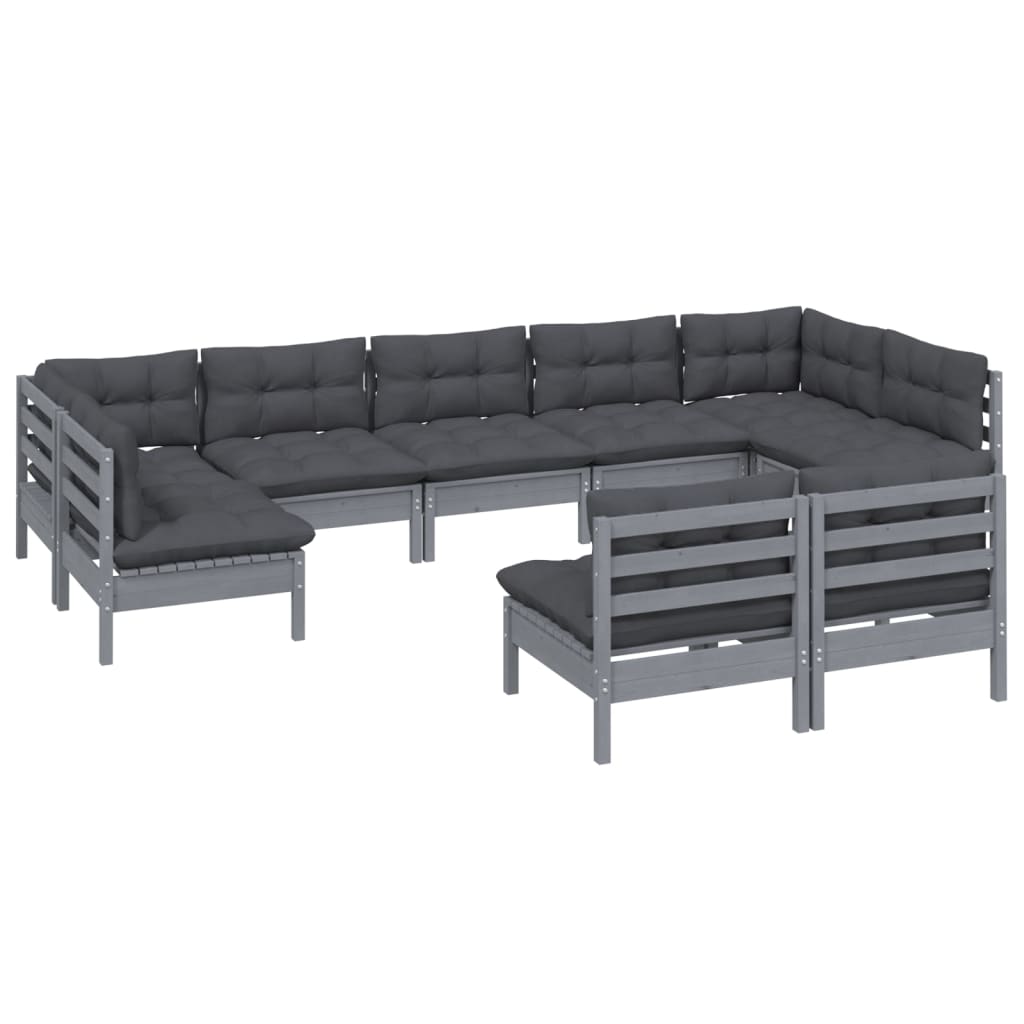 9 Piece Garden Lounge Set with Cushions Grey Solid Pinewood