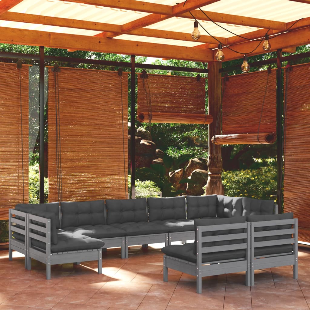 9 Piece Garden Lounge Set with Cushions Grey Solid Pinewood