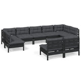 9 Piece Garden Lounge Set with Cushions Black Solid Pinewood - Front View