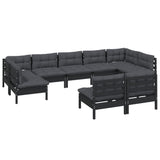 9 Piece Garden Lounge Set with Cushions Black Solid Pinewood - Side View