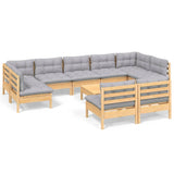 10 Piece Garden Lounge Set with Grey Cushions Solid Pinewood - Front View